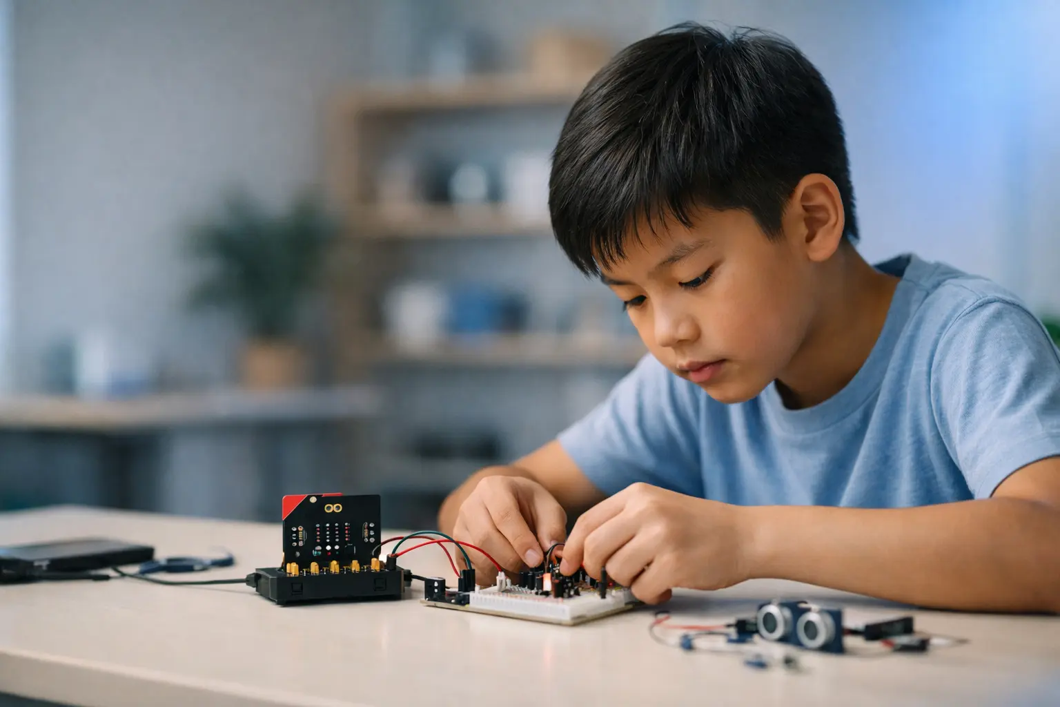 Diverse children engaged with AI technology and learning